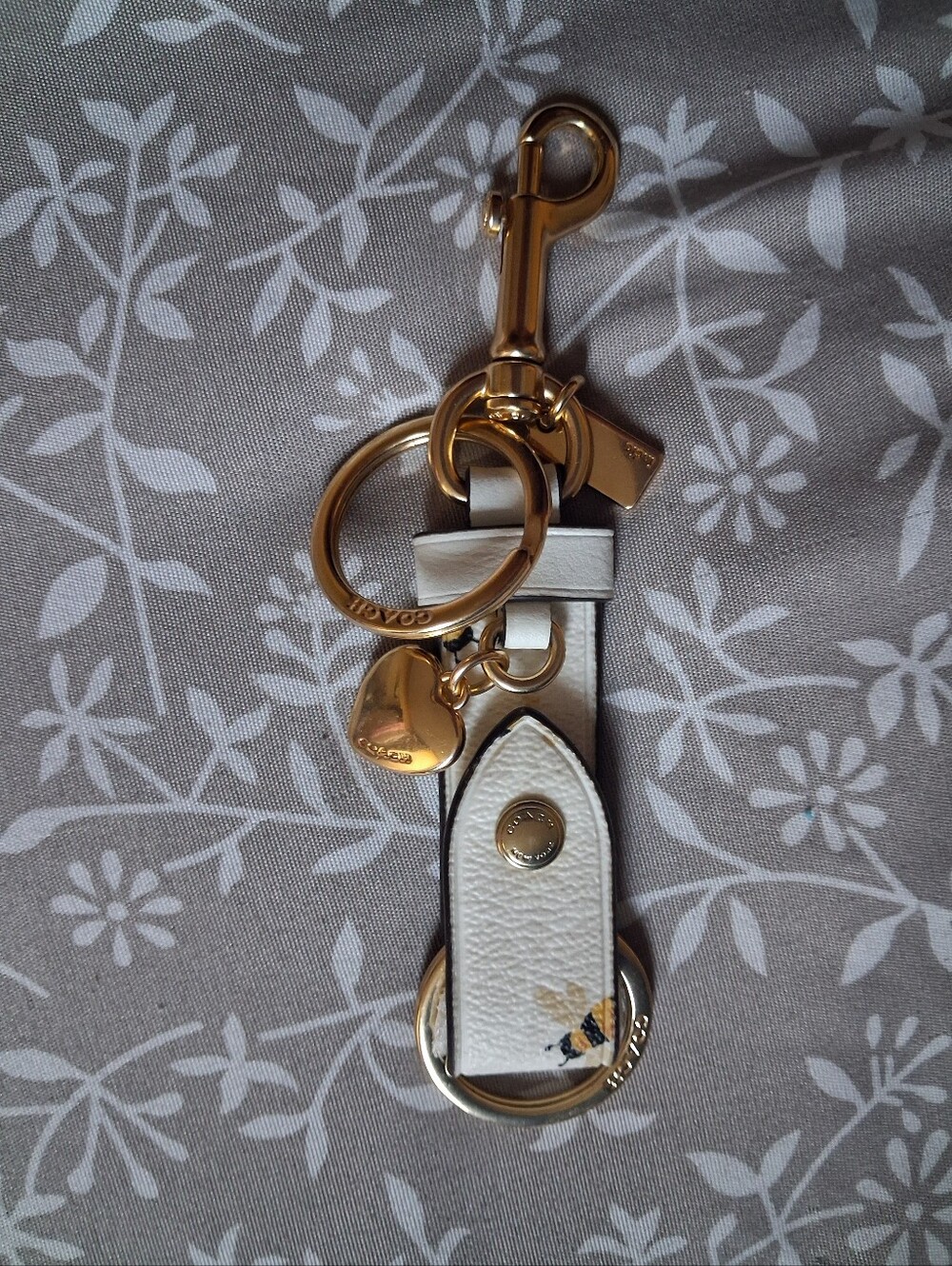 COACH White Leather Bee Keychain
